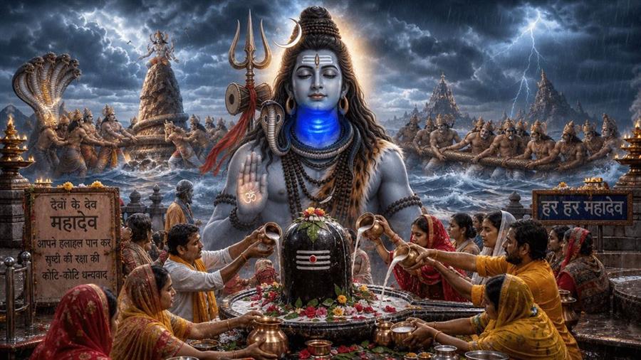 Lord Shiva as Neelkanth with a blue throat, devotees pouring milk abhishek on the Shivling during Shravan