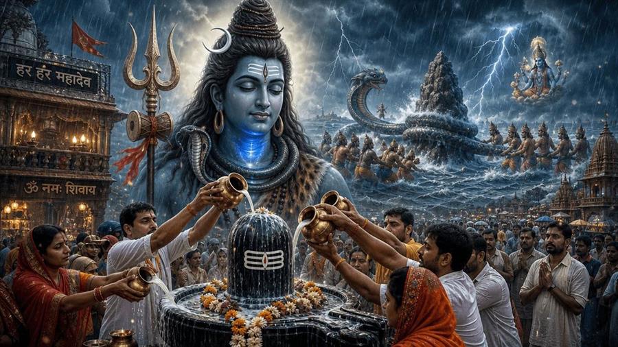 The Samudra Manthan — the churning of the ocean — with Lord Shiva ready to drink the Halahala poison